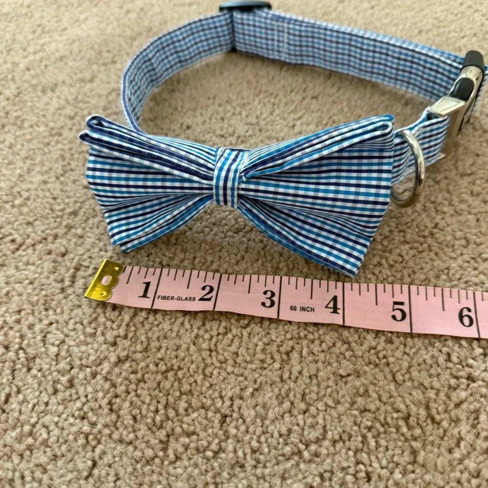 Blue Checkered Grid Dog Collar and Detachable Bow Tie Set - Adjustable - Large